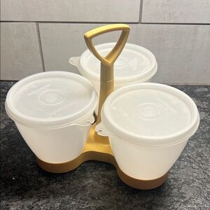 Vintage Tupperware Condiment holder. Harvest Gold. Looks to be new without tags
